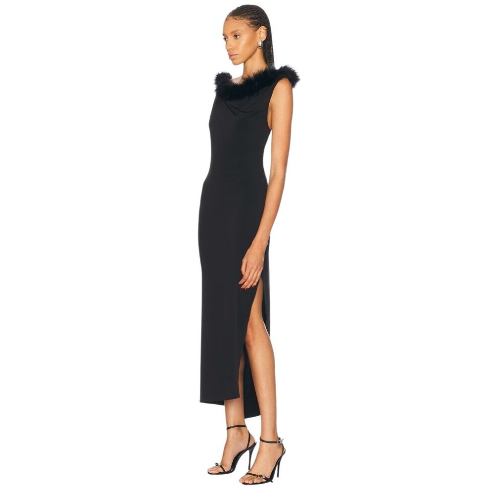 Coperni Feather Boa Jersey Midi Dress in Black 42 New Womens Backless